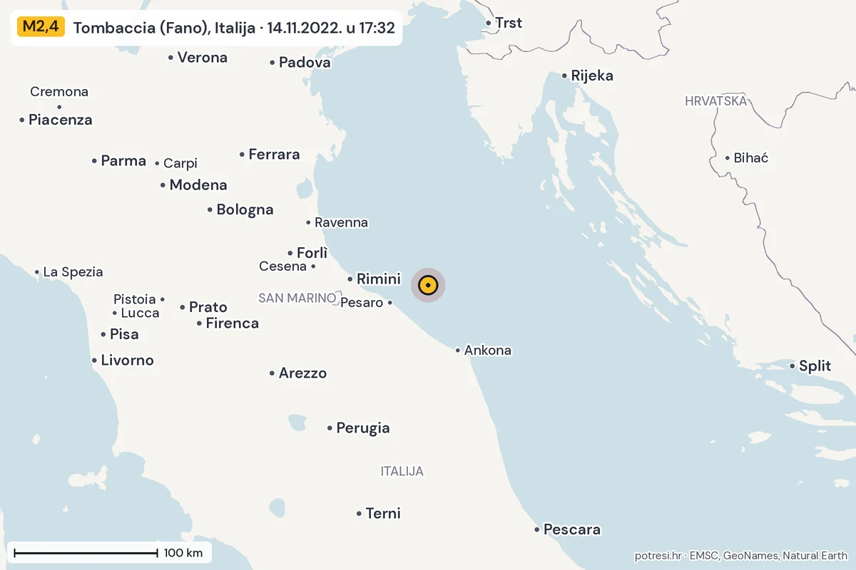 Karta: šire područje, 600 km, potres M2,4, Tombaccia (Fano), Italija, 14.11.2022.