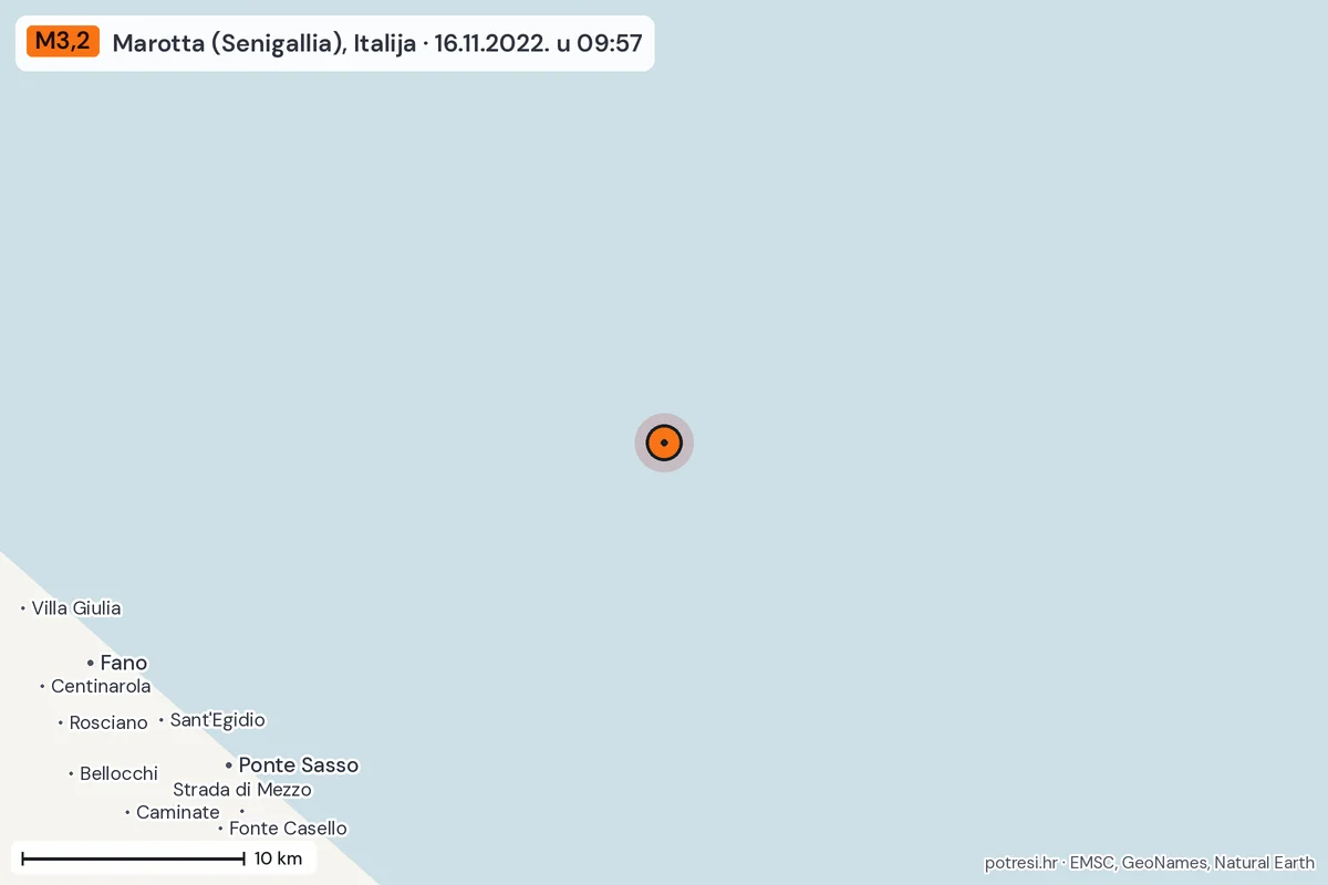 Karta: okolica epicentra, 60 km, potres M3,2, Marotta (Senigallia), Italija, 16.11.2022.