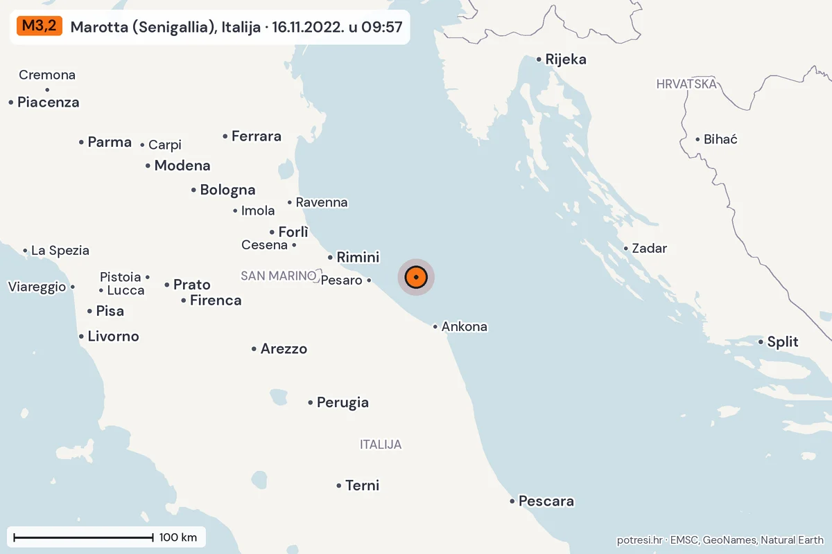 Karta: šire područje, 600 km, potres M3,2, Marotta (Senigallia), Italija, 16.11.2022.