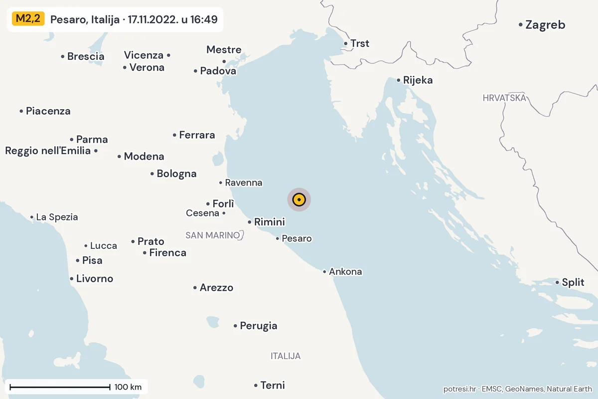 Karta: šire područje, 600 km, potres M2,2, Pesaro, Italija, 17.11.2022.