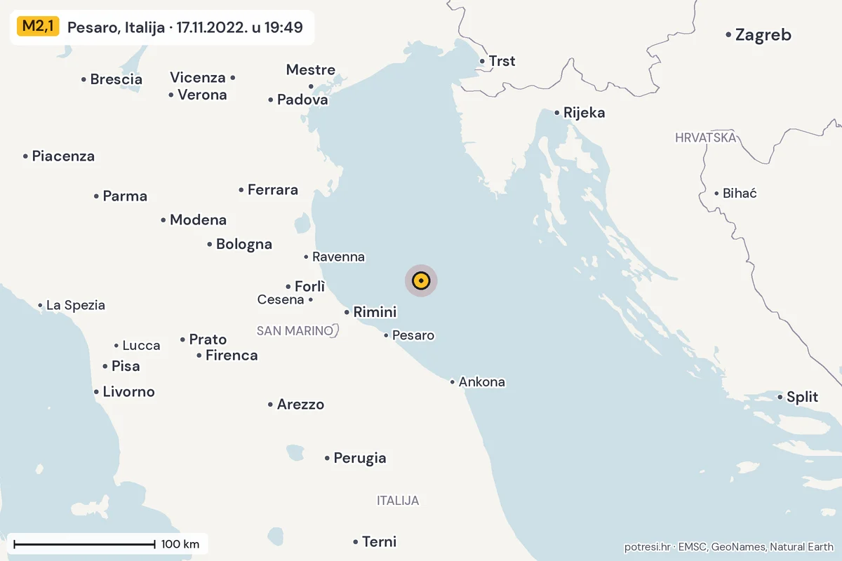 Karta: šire područje, 600 km, potres M2,1, Pesaro, Italija, 17.11.2022.