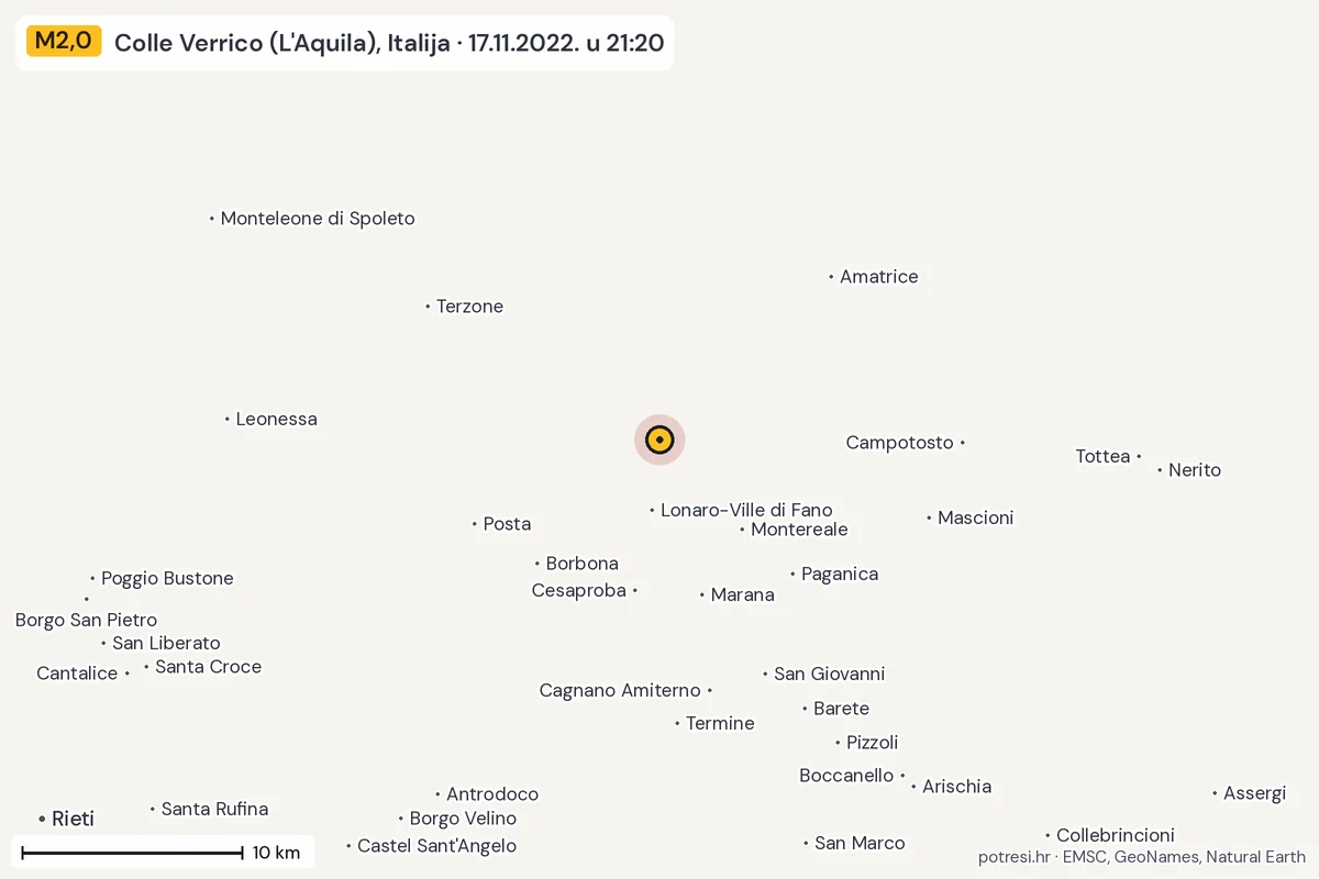 Karta: okolica epicentra, 60 km, potres M2,0, Colle Verrico (L'Aquila), Italija, 17.11.2022.