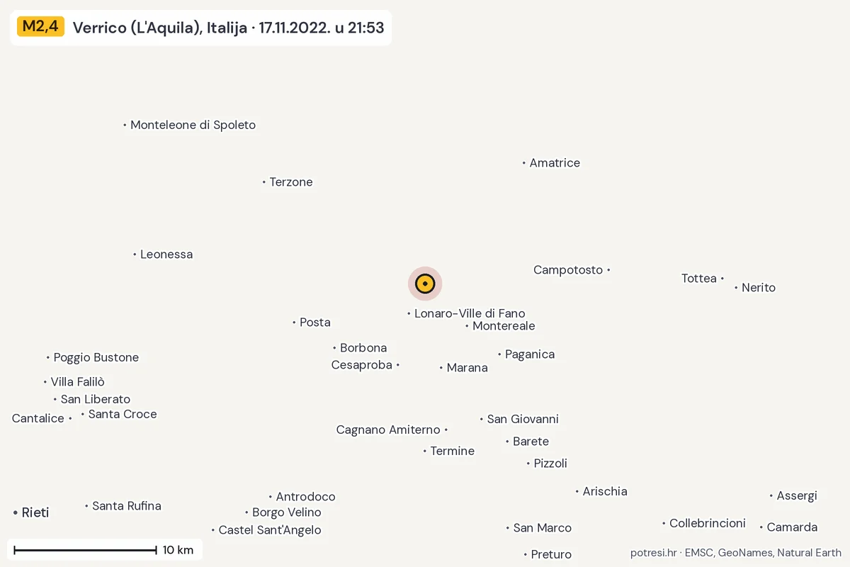 Karta: okolica epicentra, 60 km, potres M2,4, Verrico (L'Aquila), Italija, 17.11.2022.