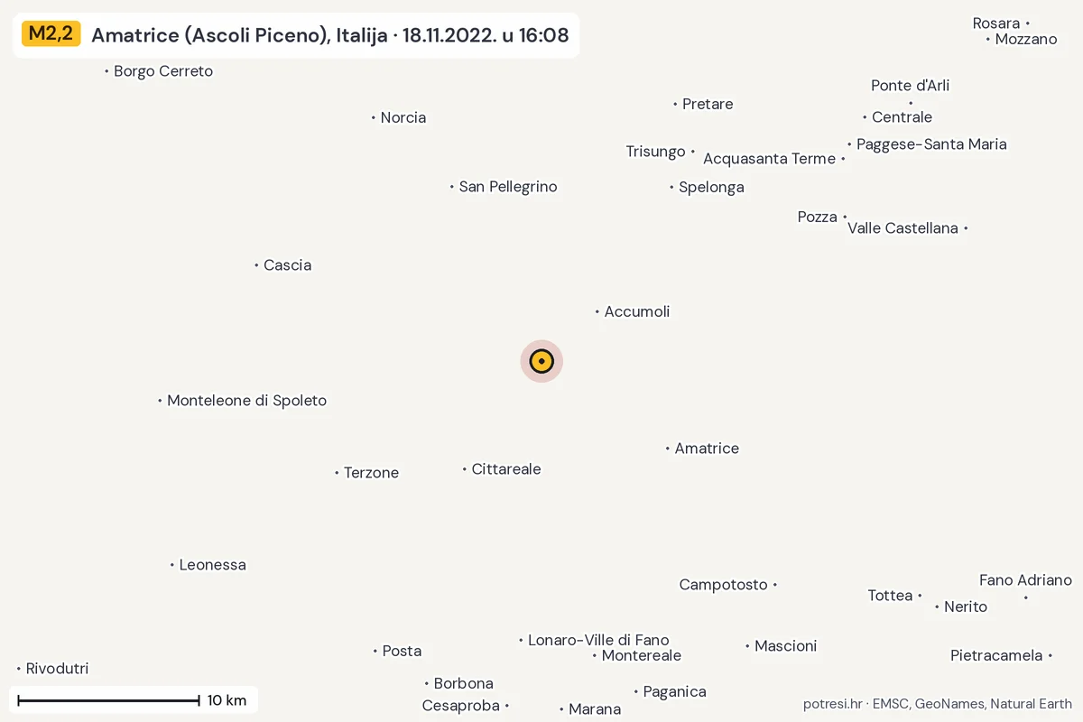 Karta: okolica epicentra, 60 km, potres M2,2, Amatrice (Ascoli Piceno), Italija, 18.11.2022.