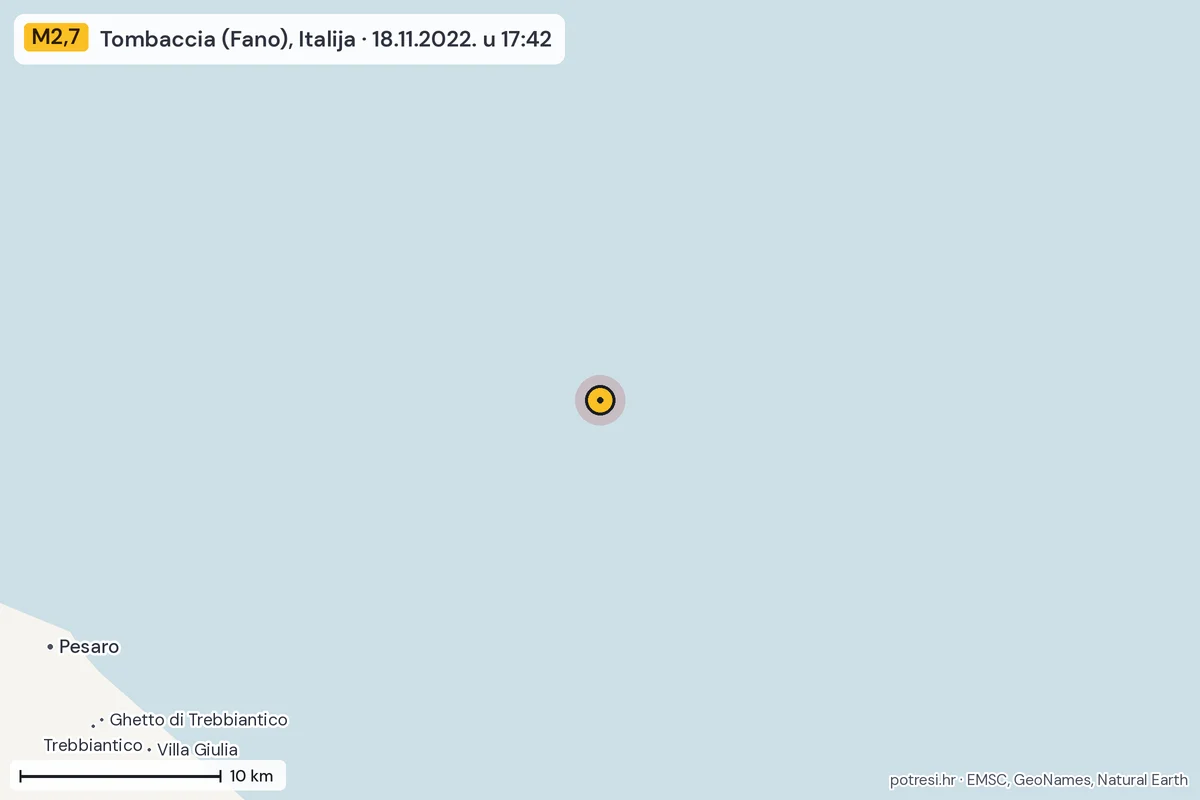 Karta: okolica epicentra, 60 km, potres M2,7, Tombaccia (Fano), Italija, 18.11.2022.
