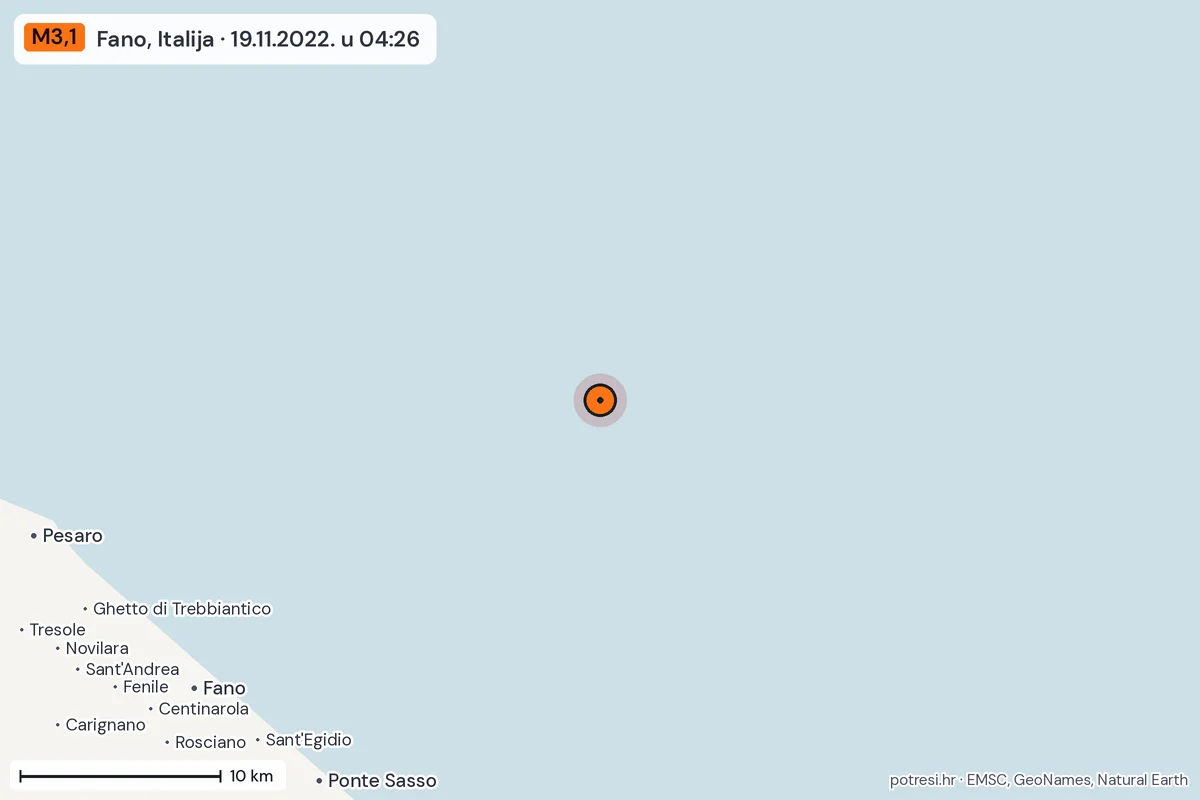 Karta: okolica epicentra, 60 km, potres M3,1, Fano, Italija, 19.11.2022.