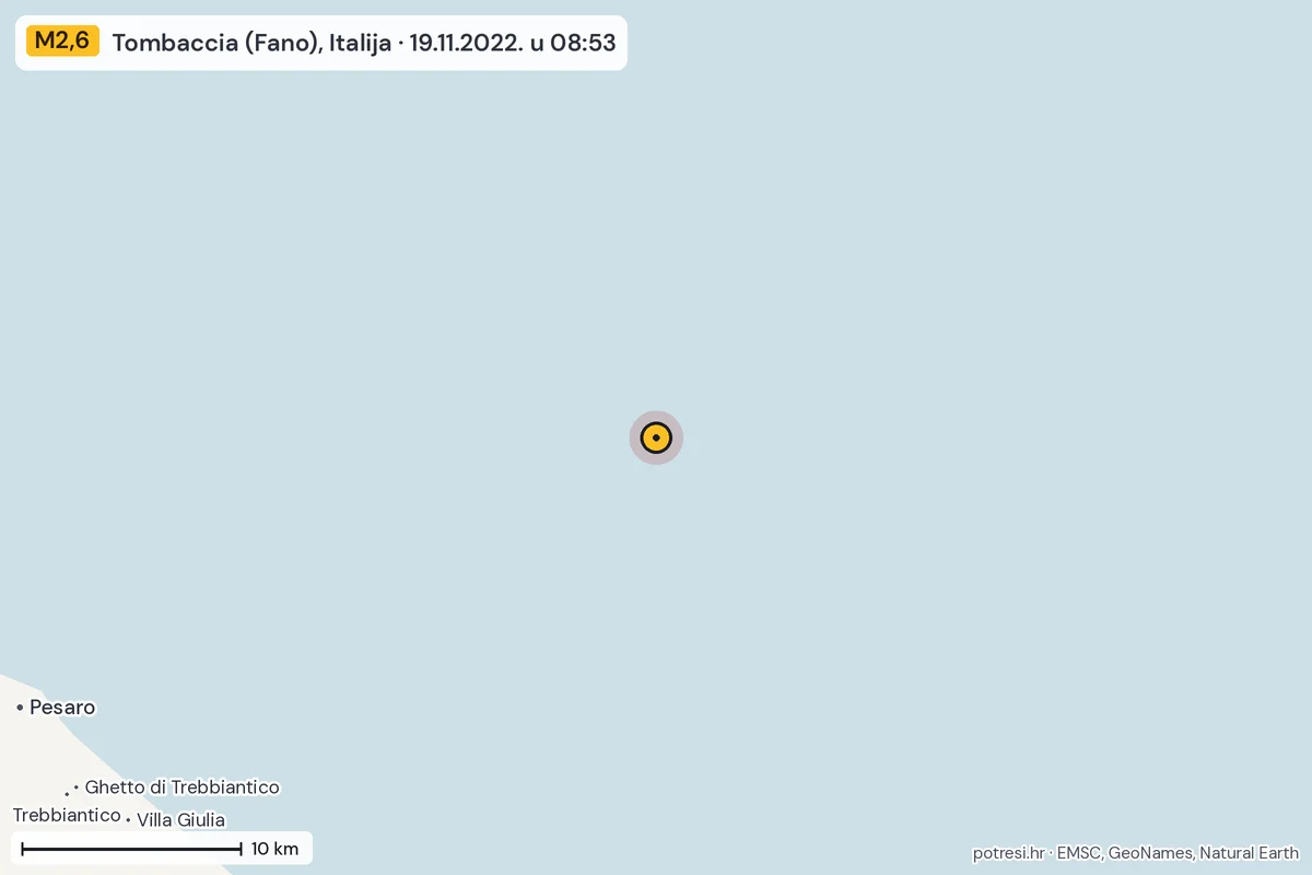 Karta: okolica epicentra, 60 km, potres M2,6, Tombaccia (Fano), Italija, 19.11.2022.