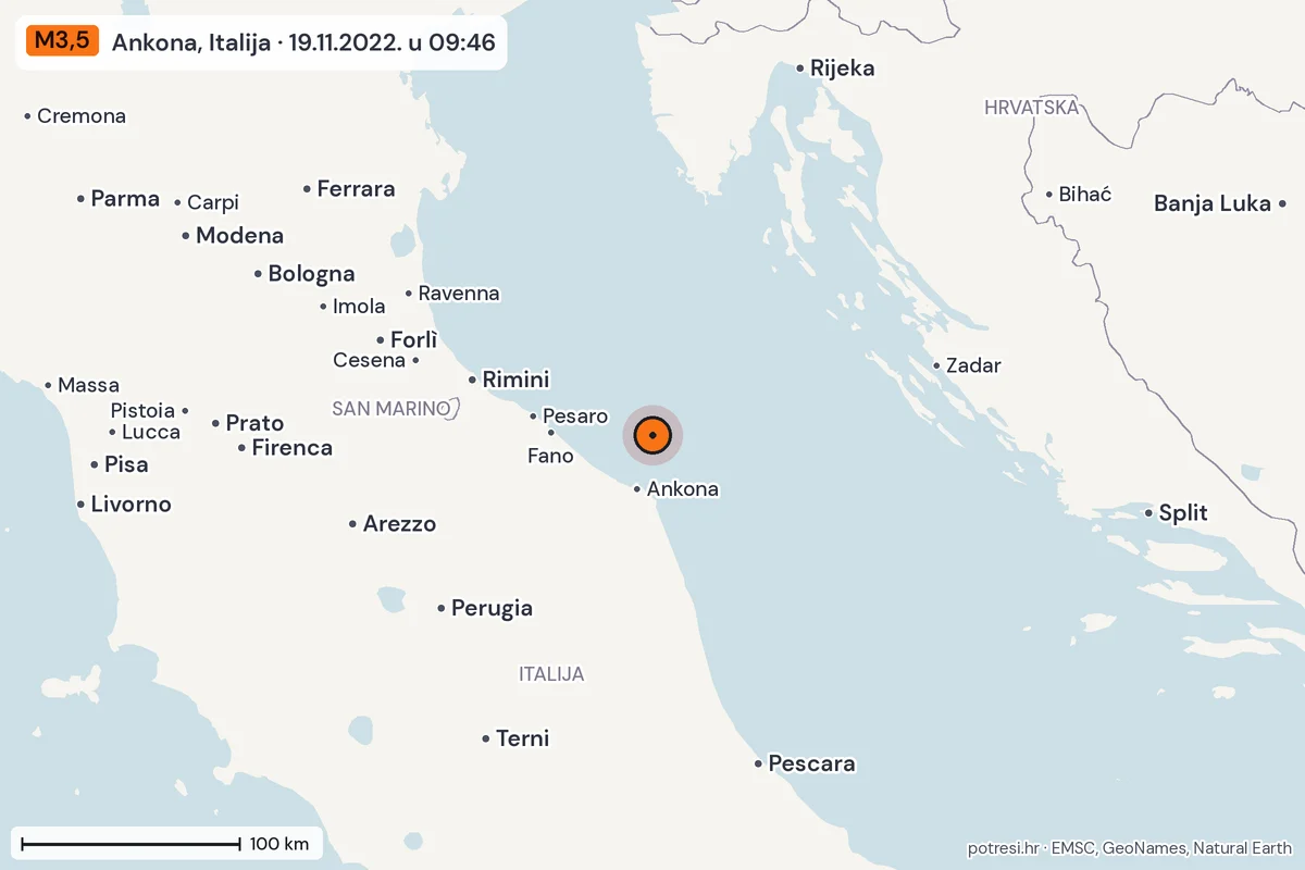 Karta: šire područje, 600 km, potres M3,5, Ankona, Italija, 19.11.2022.