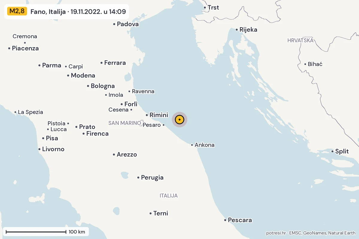 Karta: šire područje, 600 km, potres M2,8, Fano, Italija, 19.11.2022.