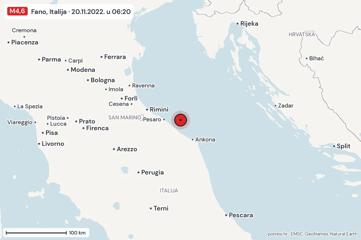Karta: šire područje, 600 km, potres M4,6, Fano, Italija, 20.11.2022.