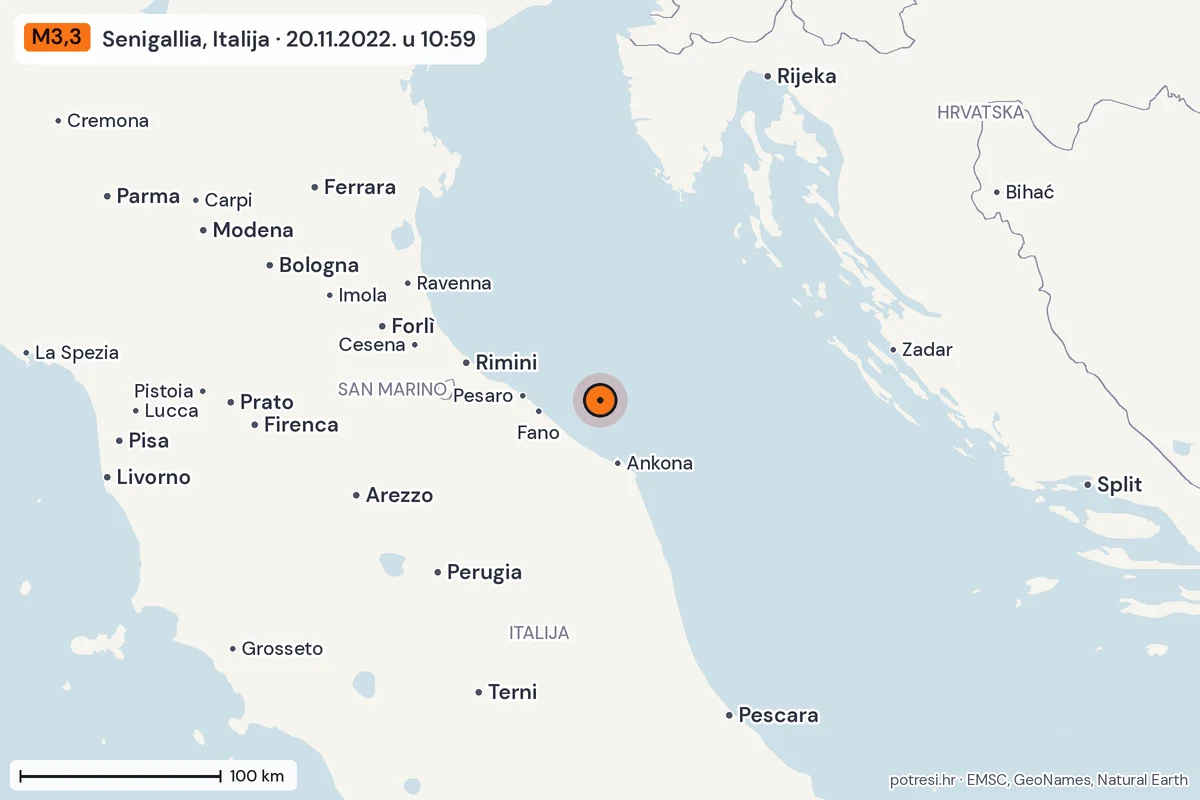 Karta: šire područje, 600 km, potres M3,3, Senigallia, Italija, 20.11.2022.