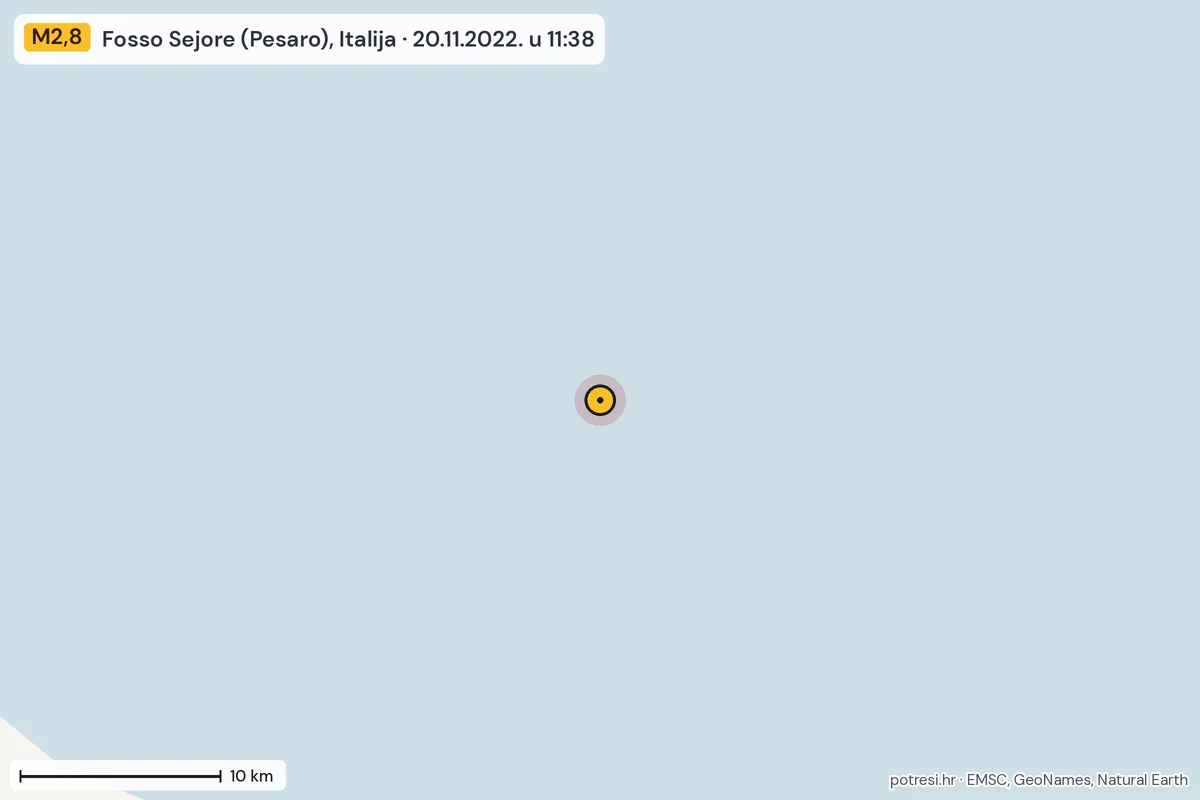 Karta: okolica epicentra, 60 km, potres M2,8, Fosso Sejore (Pesaro), Italija, 20.11.2022.