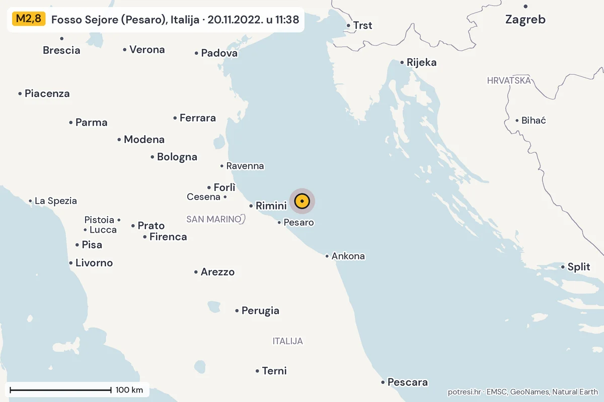 Karta: šire područje, 600 km, potres M2,8, Fosso Sejore (Pesaro), Italija, 20.11.2022.