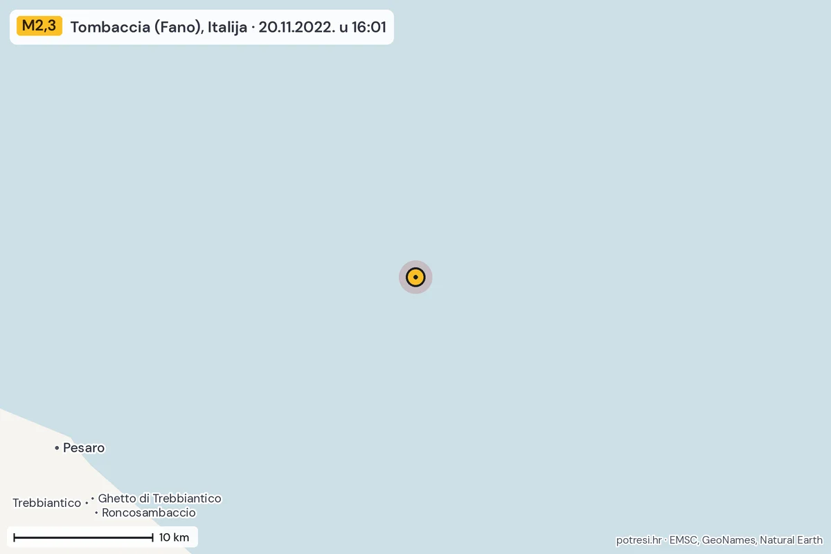 Karta: okolica epicentra, 60 km, potres M2,3, Tombaccia (Fano), Italija, 20.11.2022.