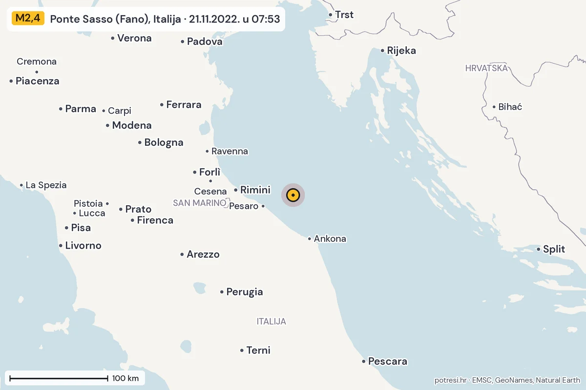 Karta: šire područje, 600 km, potres M2,4, Ponte Sasso (Fano), Italija, 21.11.2022.