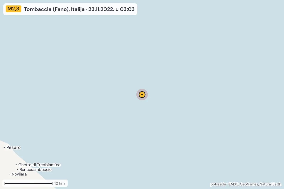 Karta: okolica epicentra, 60 km, potres M2,3, Tombaccia (Fano), Italija, 23.11.2022.