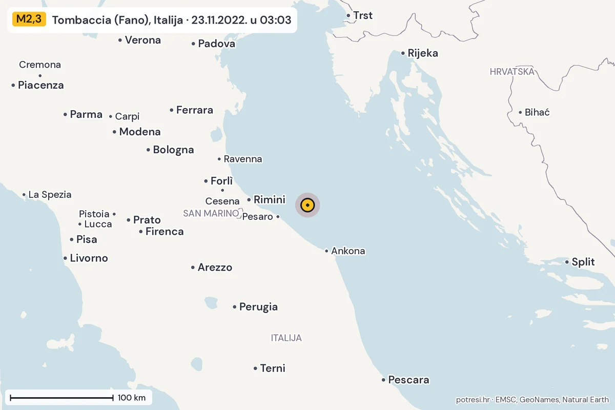 Karta: šire područje, 600 km, potres M2,3, Tombaccia (Fano), Italija, 23.11.2022.
