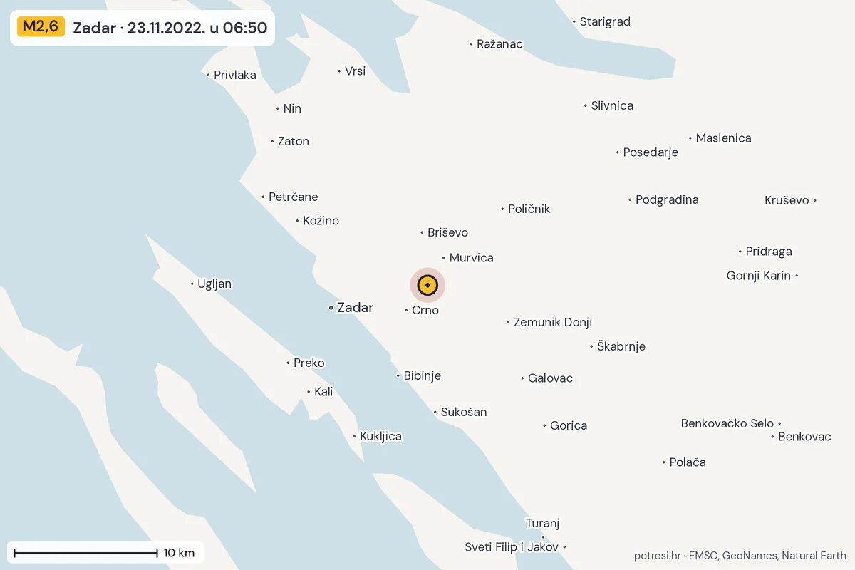 Karta: okolica epicentra, 60 km, potres M2,6, Zadar, 23.11.2022.