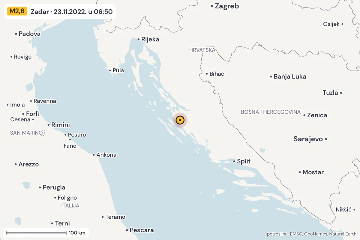Karta: šire područje, 600 km, potres M2,6, Zadar, 23.11.2022.