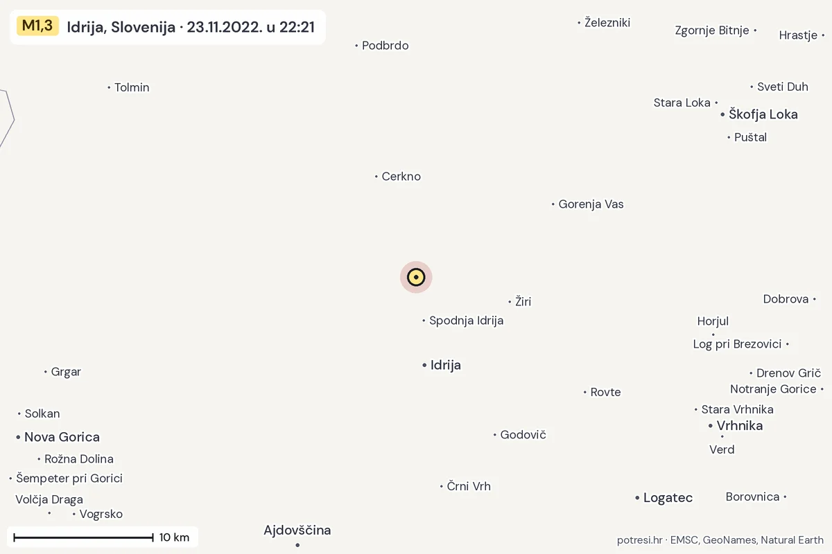 Karta: okolica epicentra, 60 km, potres M1,3, Idrija, Slovenija, 23.11.2022.