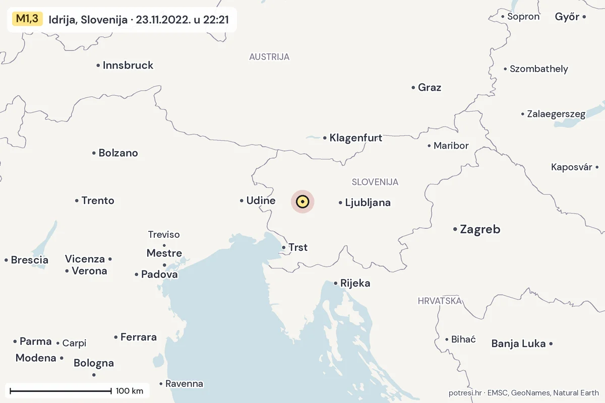 Karta: šire područje, 600 km, potres M1,3, Idrija, Slovenija, 23.11.2022.