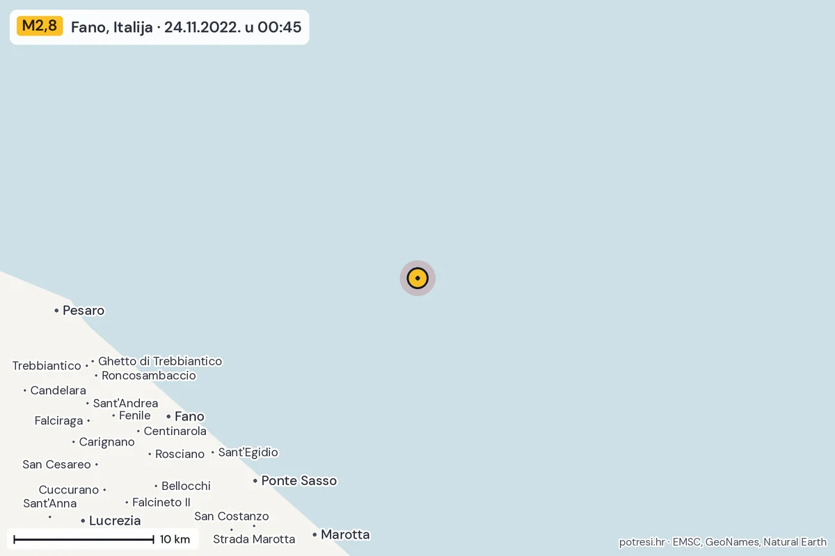 Karta: okolica epicentra, 60 km, potres M2,8, Fano, Italija, 24.11.2022.