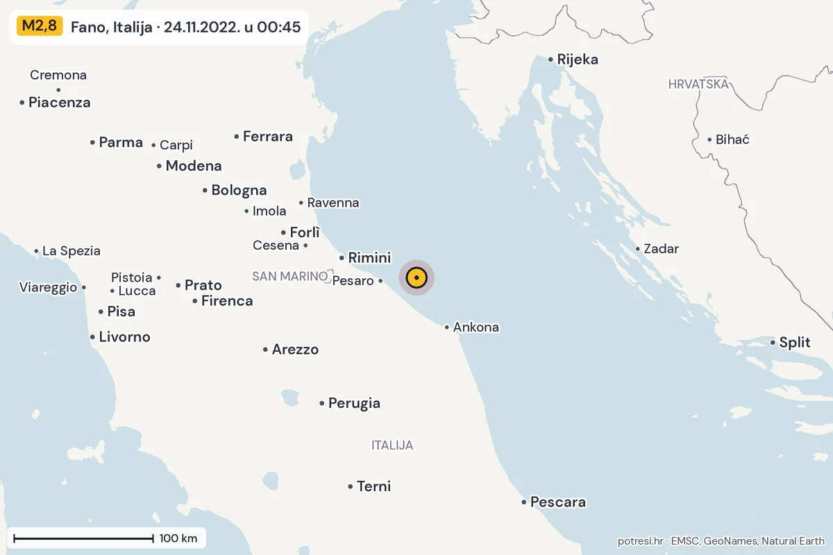 Karta: šire područje, 600 km, potres M2,8, Fano, Italija, 24.11.2022.