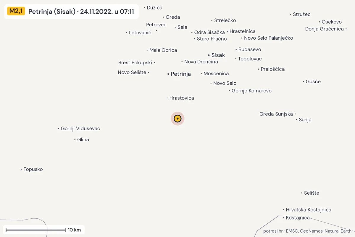 Karta: okolica epicentra, 60 km, potres M2,1, Petrinja (Sisak), 24.11.2022.