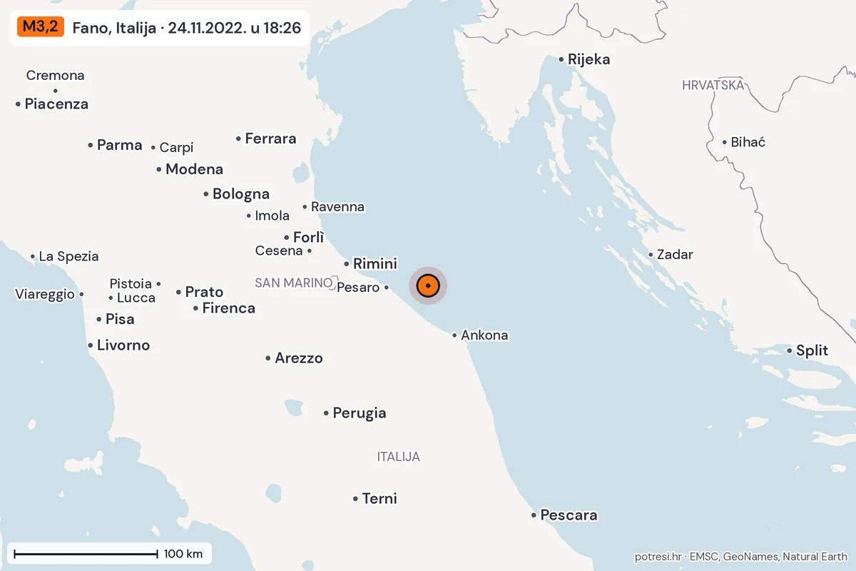 Karta: šire područje, 600 km, potres M3,2, Fano, Italija, 24.11.2022.