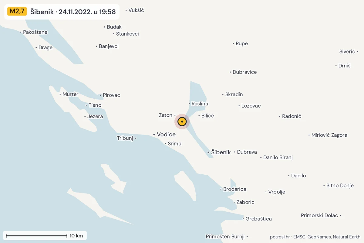 Karta: okolica epicentra, 60 km, potres M2,7, Šibenik, 24.11.2022.