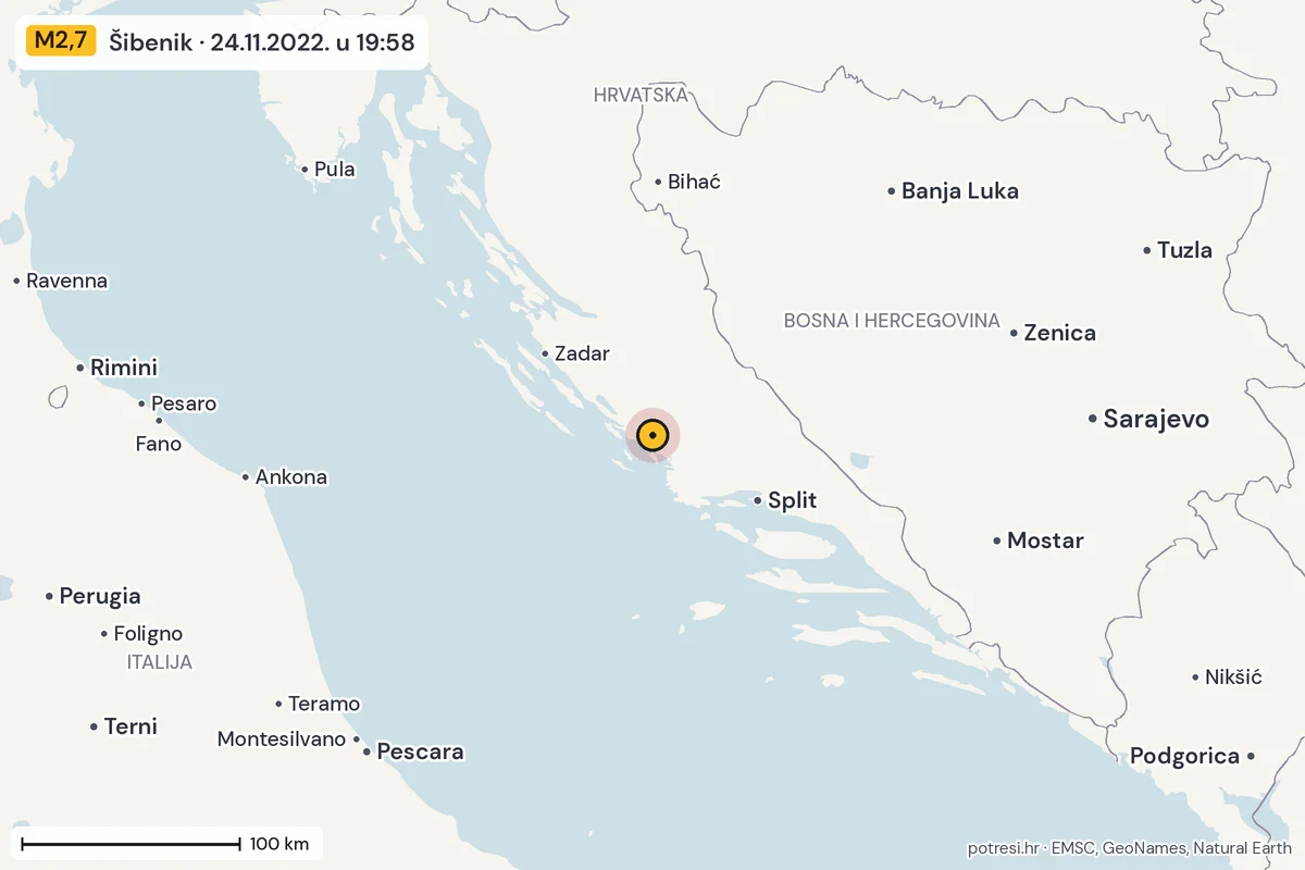 Karta: šire područje, 600 km, potres M2,7, Šibenik, 24.11.2022.