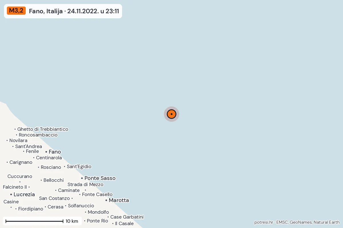 Karta: okolica epicentra, 60 km, potres M3,2, Fano, Italija, 24.11.2022.