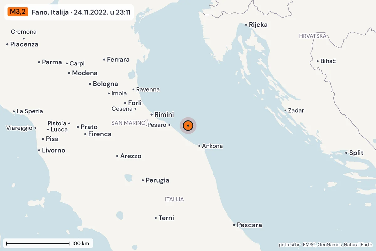 Karta: šire područje, 600 km, potres M3,2, Fano, Italija, 24.11.2022.