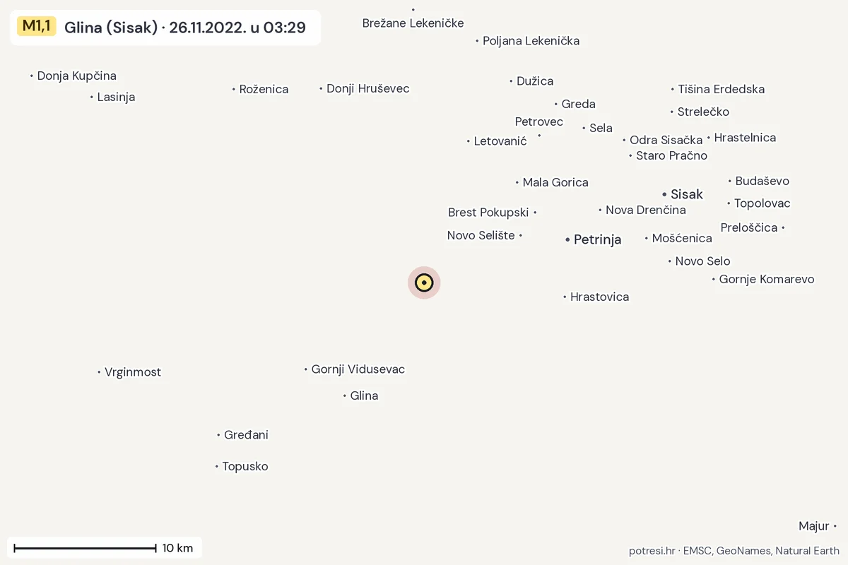 Karta: okolica epicentra, 60 km, potres M1,1, Glina (Sisak), 26.11.2022.