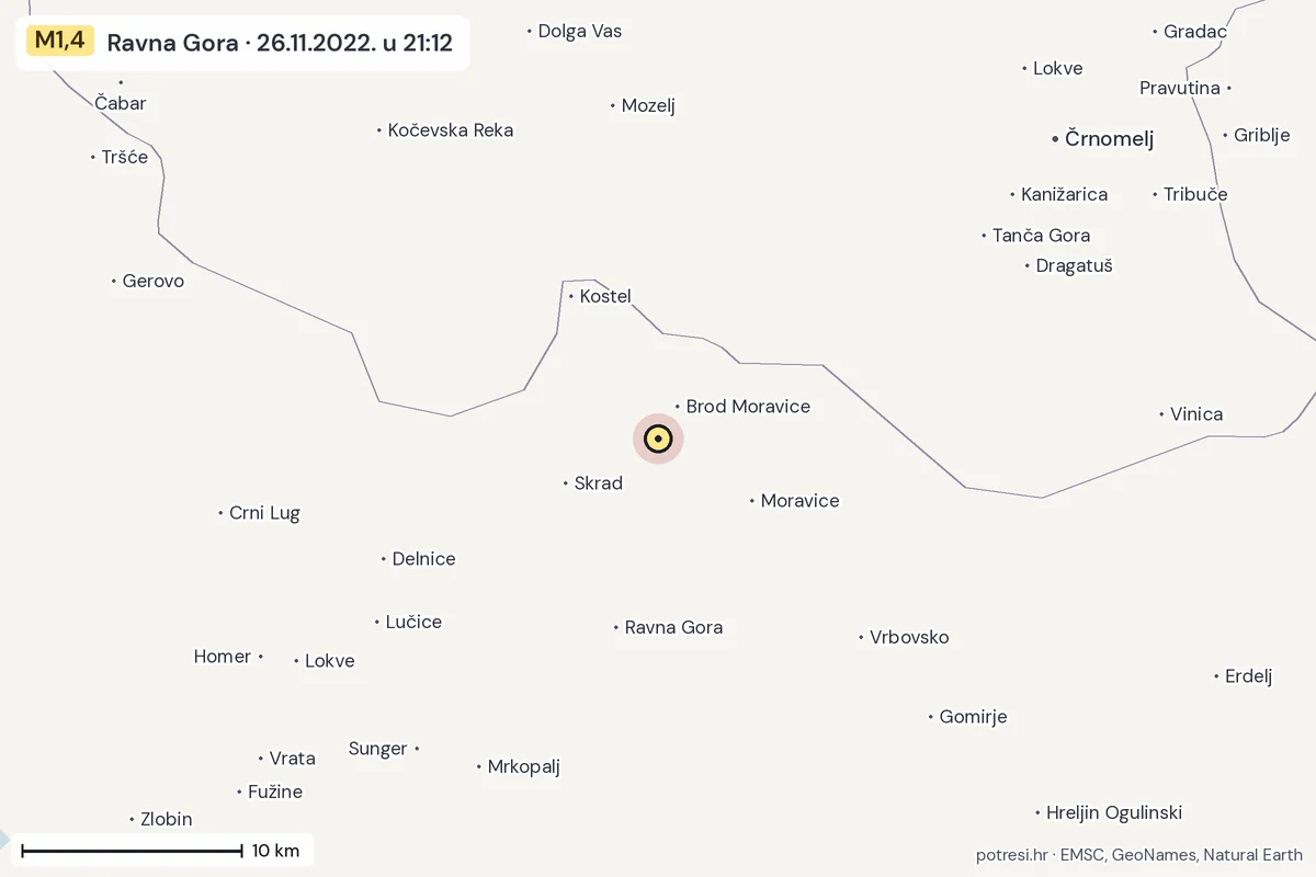 Karta: okolica epicentra, 60 km, potres M1,4, Ravna Gora, 26.11.2022.