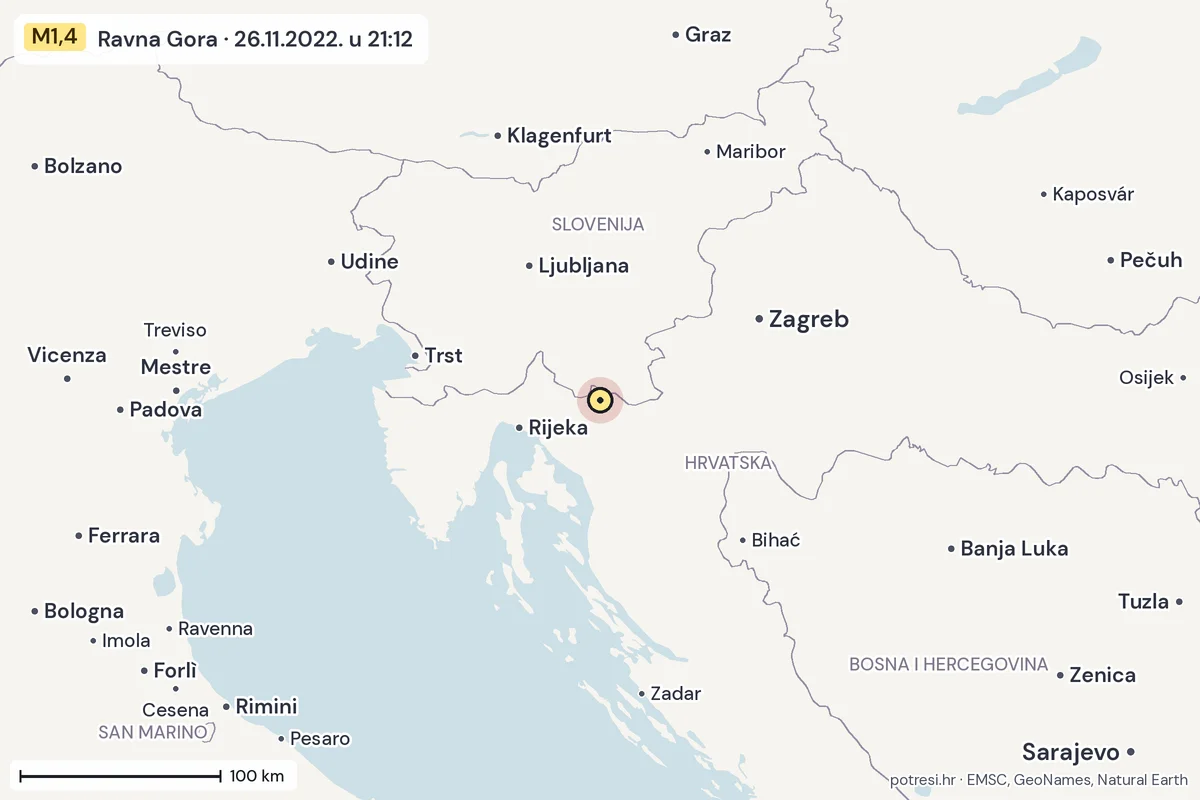 Karta: šire područje, 600 km, potres M1,4, Ravna Gora, 26.11.2022.