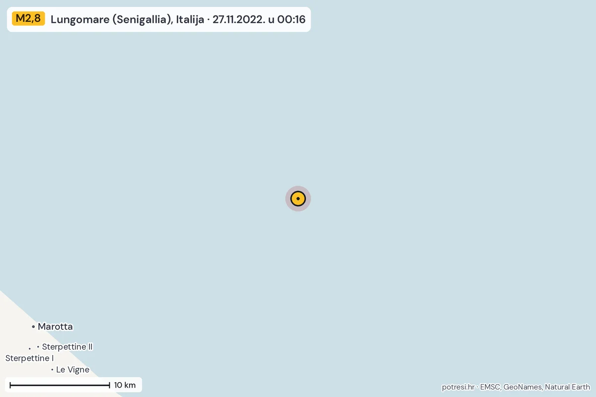 Karta: okolica epicentra, 60 km, potres M2,8, Lungomare (Senigallia), Italija, 27.11.2022.
