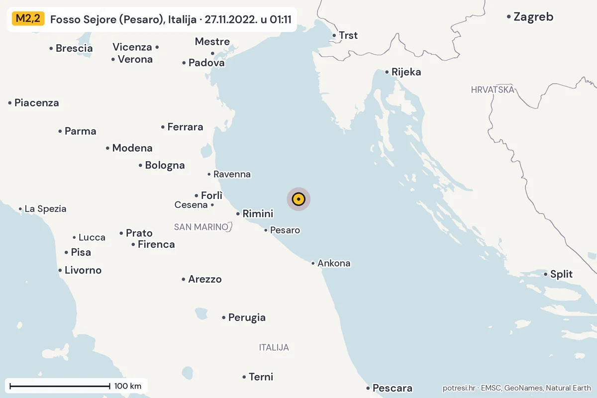 Karta: šire područje, 600 km, potres M2,2, Fosso Sejore (Pesaro), Italija, 27.11.2022.