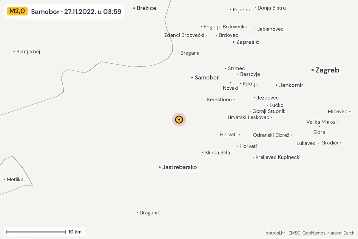Karta: okolica epicentra, 60 km, potres M2,0, Samobor, 27.11.2022.