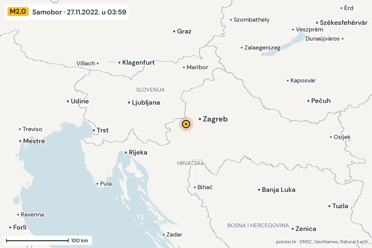 Karta: šire područje, 600 km, potres M2,0, Samobor, 27.11.2022.