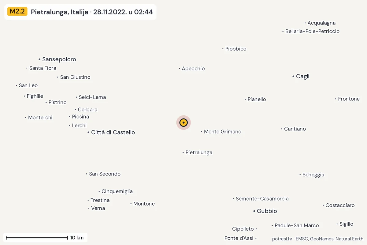 Karta: okolica epicentra, 60 km, potres M2,2, Pietralunga, Italija, 28.11.2022.