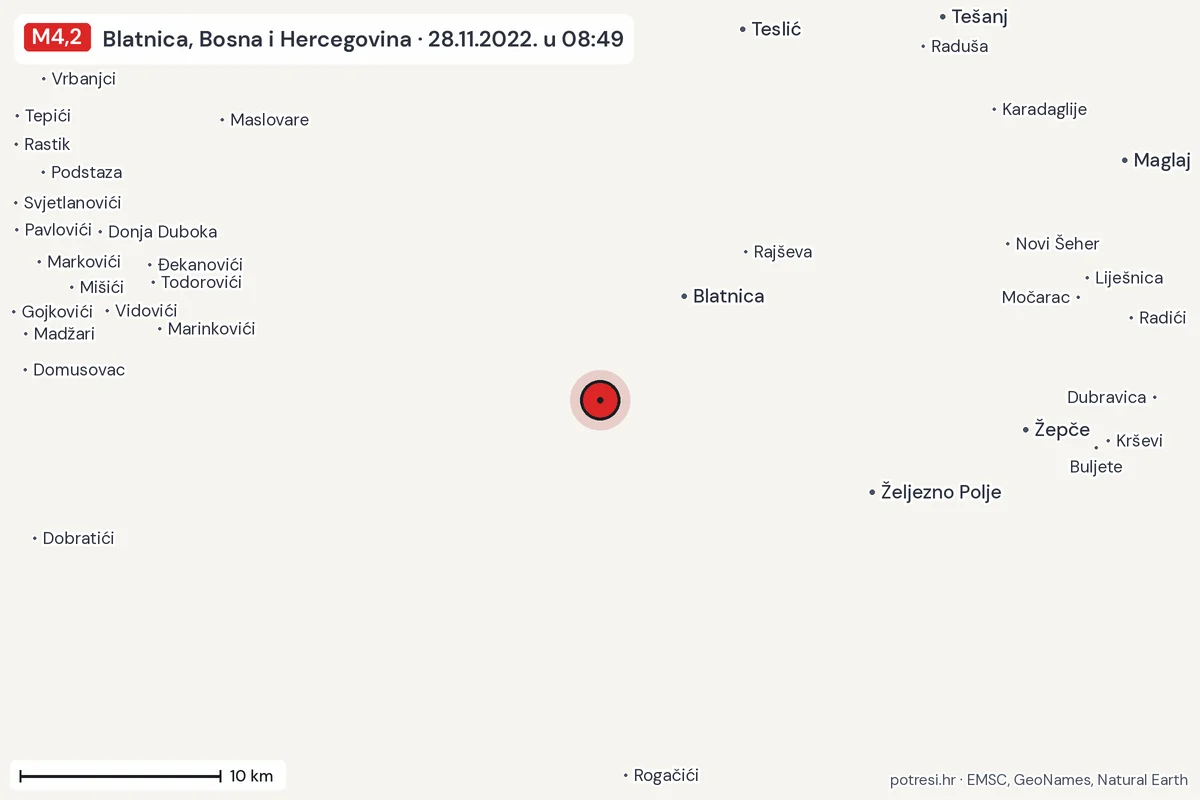 Karta: okolica epicentra, 60 km, potres M4,2, Blatnica, Bosna i Hercegovina, 28.11.2022.