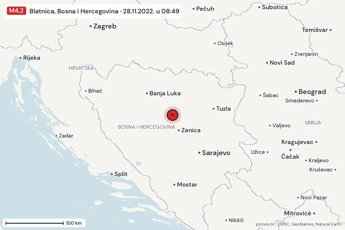 Karta: šire područje, 600 km, potres M4,2, Blatnica, Bosna i Hercegovina, 28.11.2022.