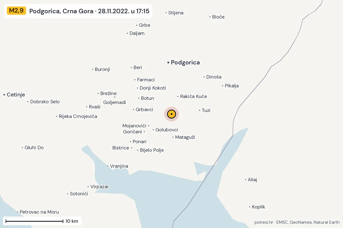 Karta: okolica epicentra, 60 km, potres M2,9, Podgorica, Crna Gora, 28.11.2022.
