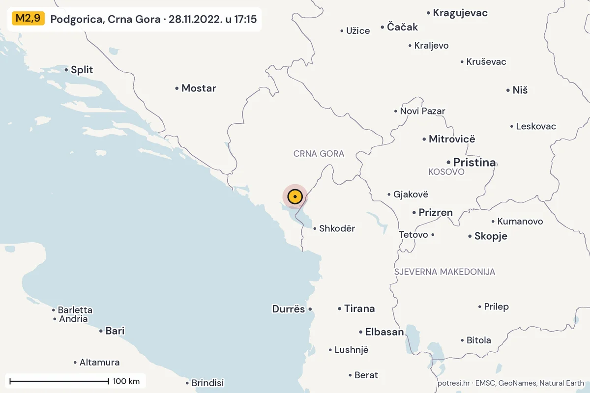 Karta: šire područje, 600 km, potres M2,9, Podgorica, Crna Gora, 28.11.2022.