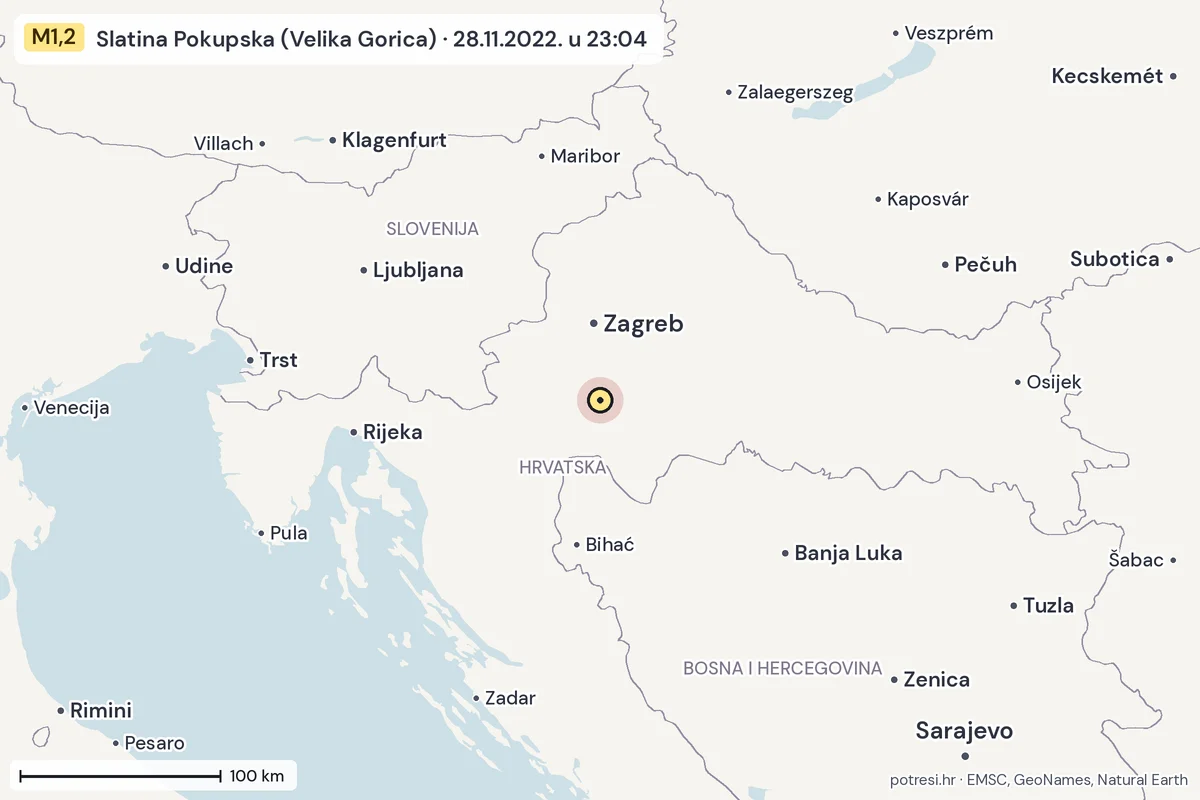 Karta: šire područje, 600 km, potres M1,2, Slatina Pokupska (Velika Gorica), 28.11.2022.