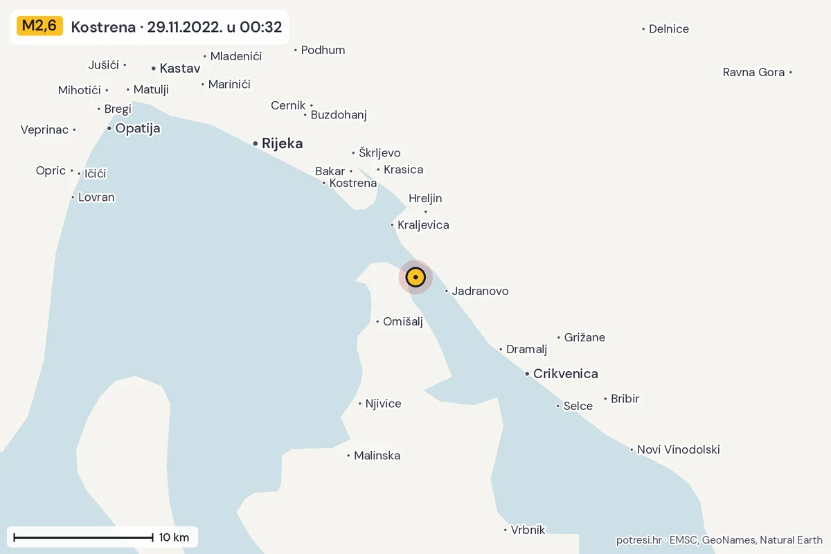 Karta: okolica epicentra, 60 km, potres M2,6, Kostrena, 29.11.2022.