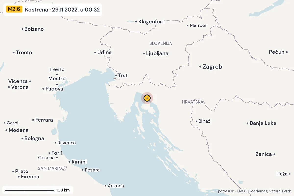 Karta: šire područje, 600 km, potres M2,6, Kostrena, 29.11.2022.