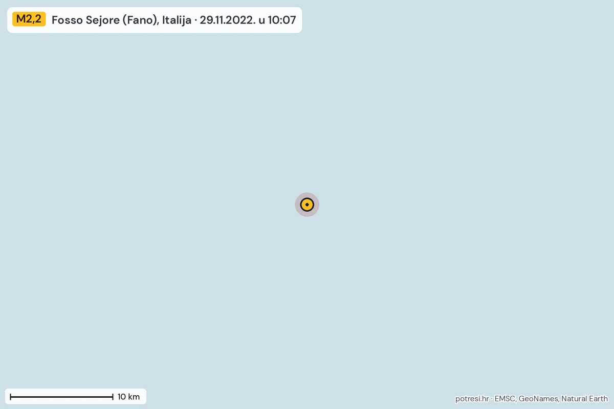 Karta: okolica epicentra, 60 km, potres M2,2, Fosso Sejore (Fano), Italija, 29.11.2022.