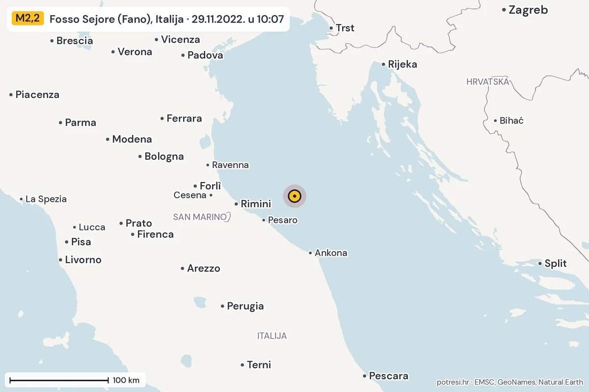 Karta: šire područje, 600 km, potres M2,2, Fosso Sejore (Fano), Italija, 29.11.2022.
